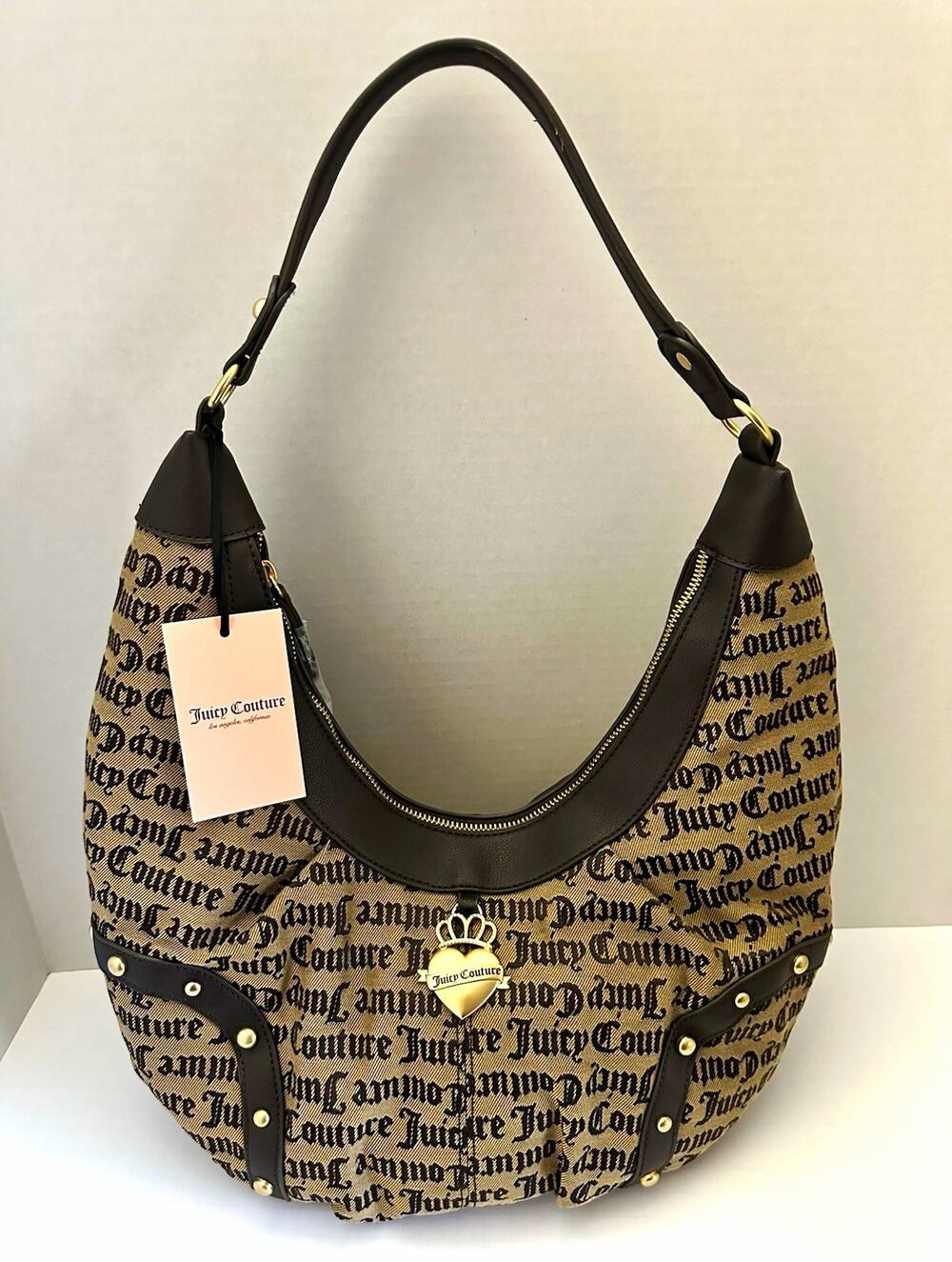 Juicy Couture Brown Black Logo Print Med Hobo Shoulder Bag Zip Heart Charm NWT